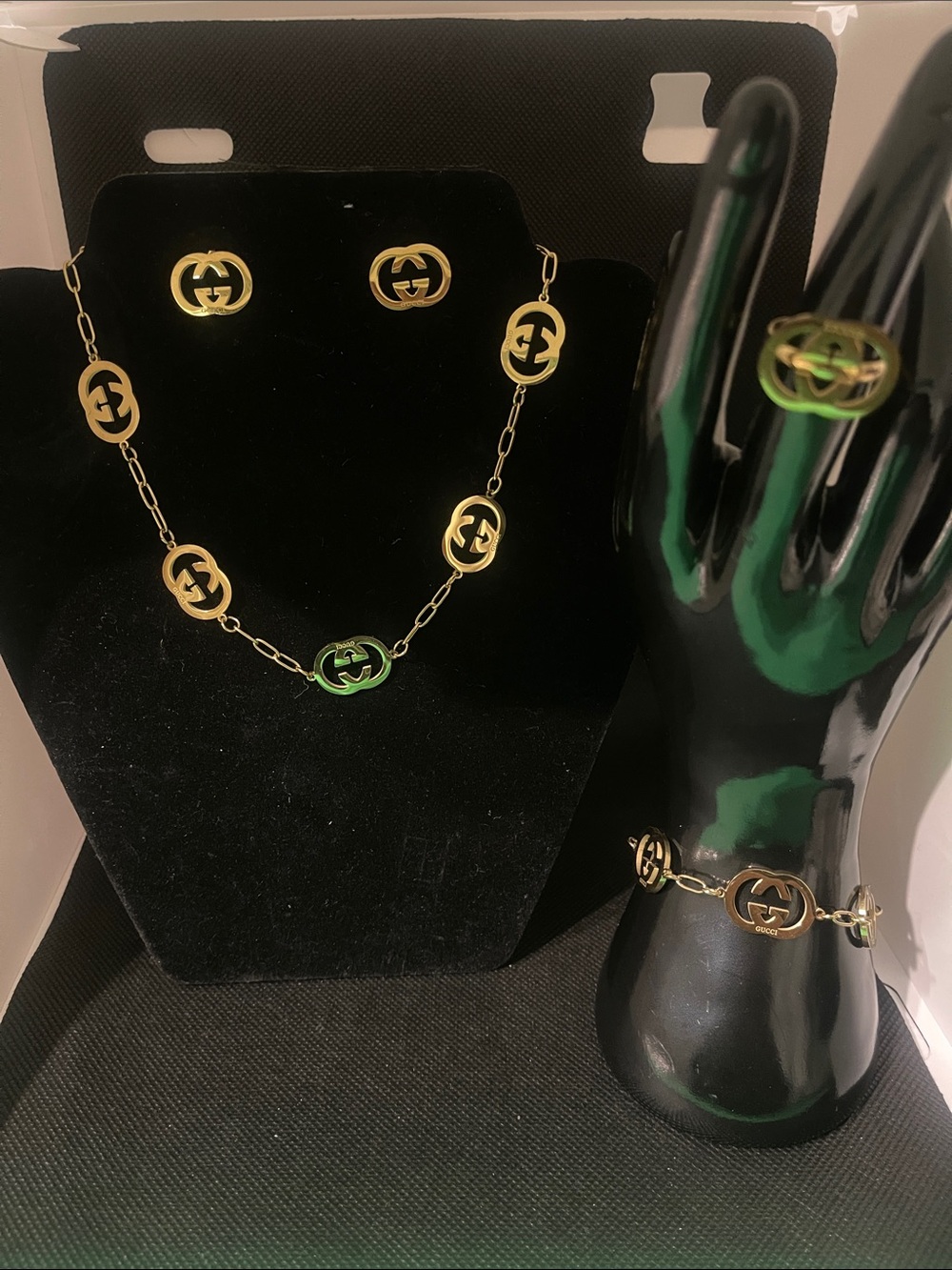 Stainless Gold-Tone plated Interlocking Logo Necklace, Bracelet & Earring Set